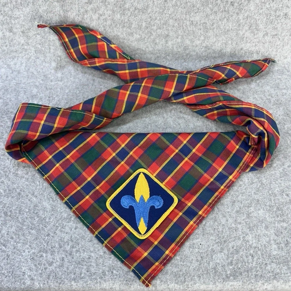 Webelos Scout Plaid Neckerchief Bandana Fleur De Lis Red Blue  Scarf